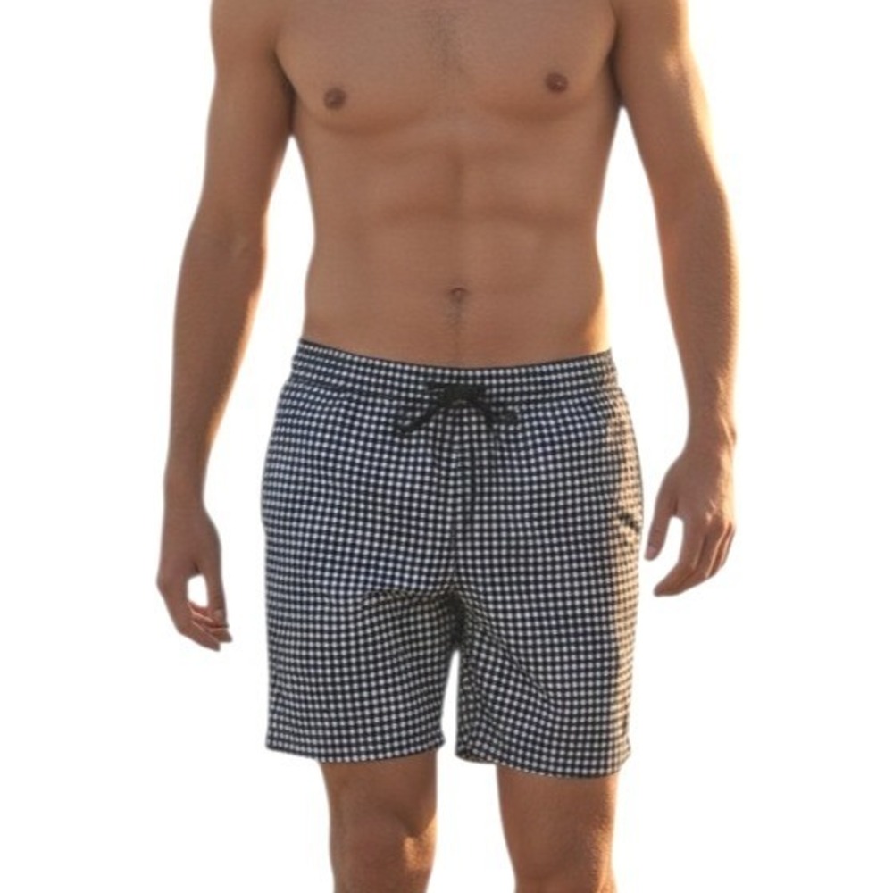 Beach Bros Swim Trunks Mens size Medium Gingham Drawstring Netted‎ 7.5" Shorts